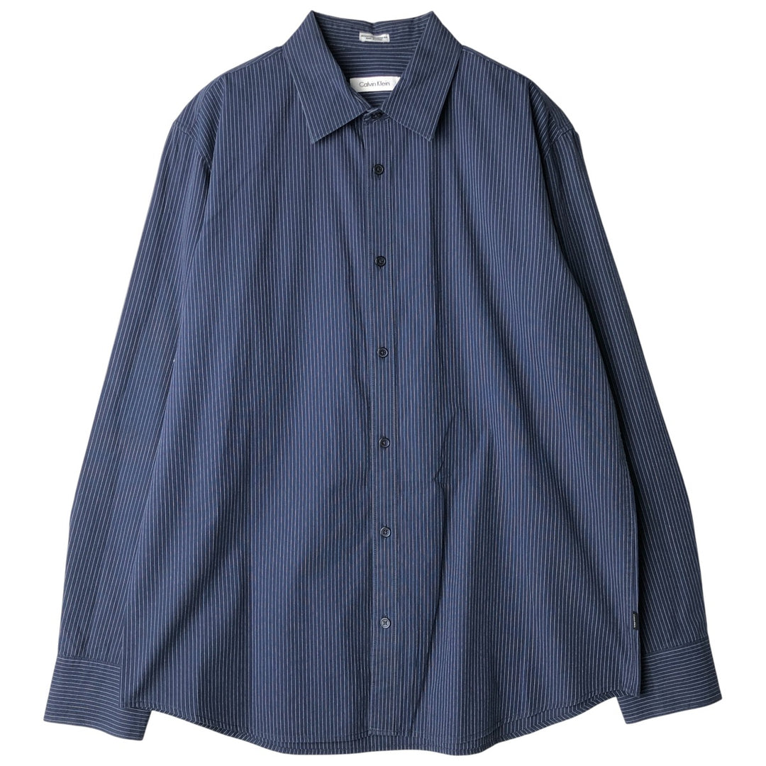 2000s~ Calvin Klein long-sleeved cotton striped shirt, men's size L cotton navy blue type Vintage Second Hand