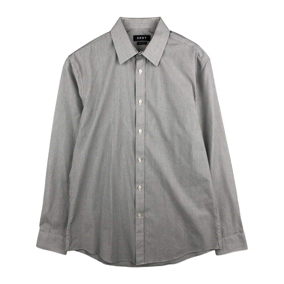 DKNY Slim Fit Long Sleeve Cotton Striped Shirt, Men's Size Medium cotton black type Vintage Second Hand