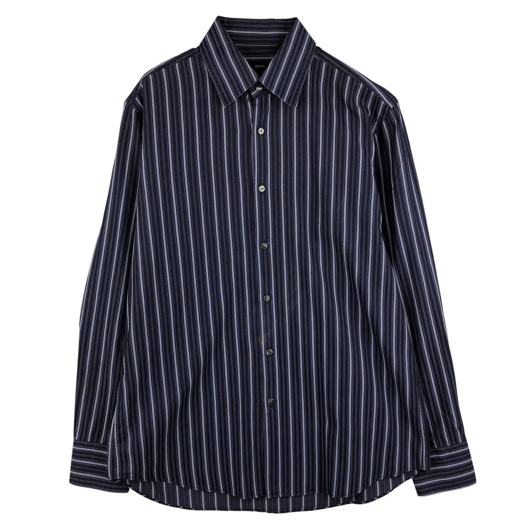 Hugo Boss Multi-Stripe Long Sleeve Cotton Striped Shirt, Men's Size L cotton navy blue type Vintage Second Hand