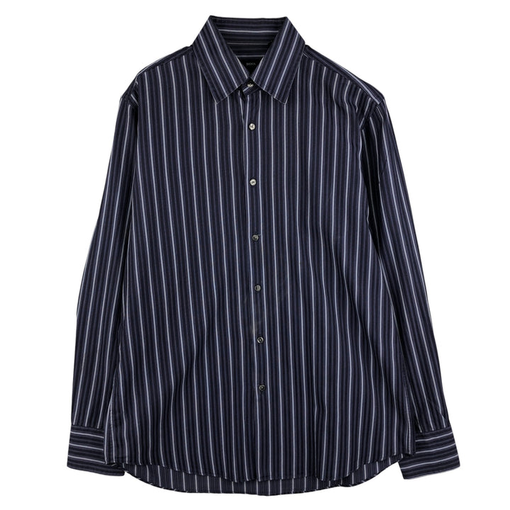 Hugo Boss Multi-Stripe Long Sleeve Cotton Striped Shirt, Men's Size L cotton navy blue type Vintage Second Hand