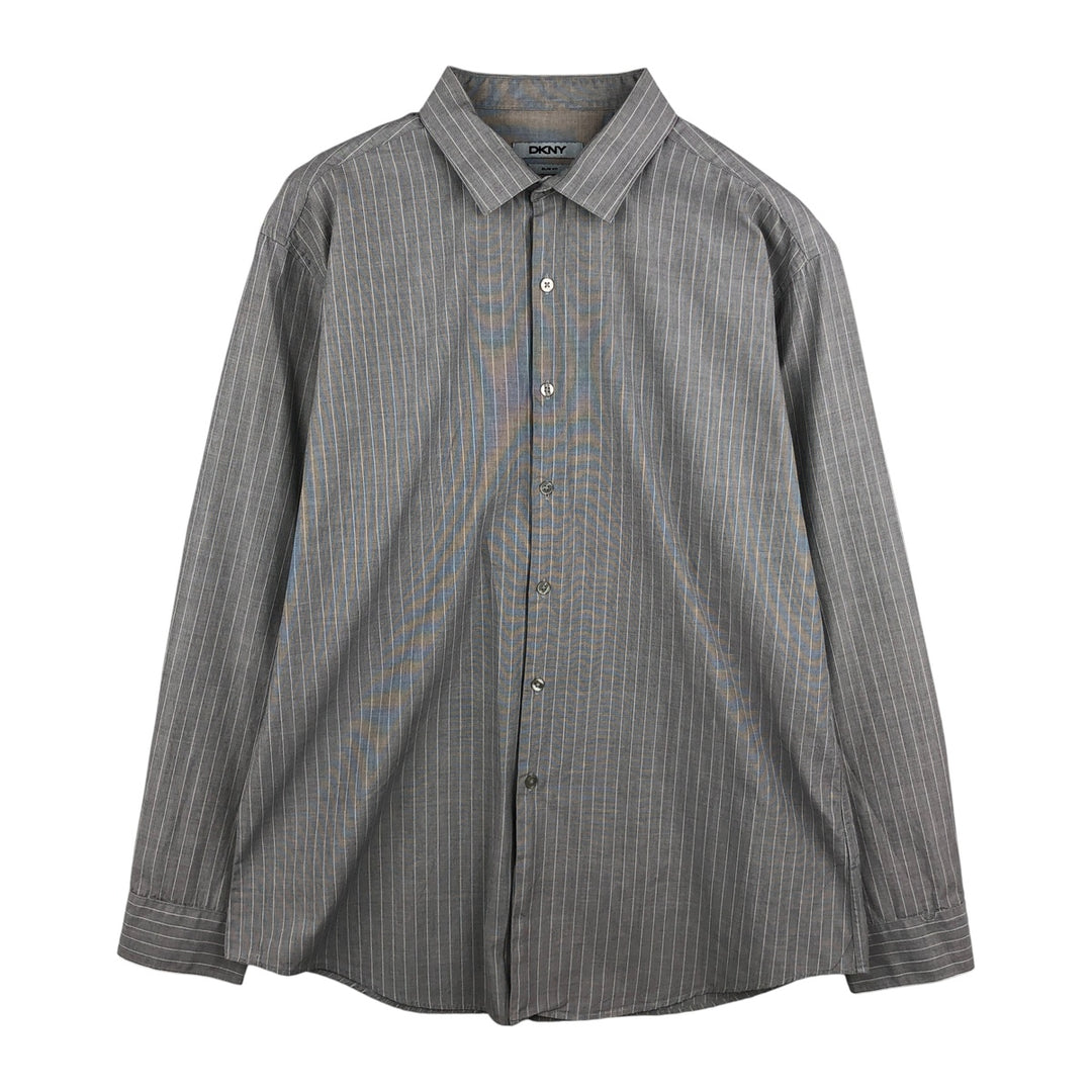 DKNY Slim Fit Long Sleeve Cotton Striped Shirt, Men's XXL cotton gray type Vintage Second Hand