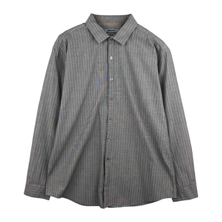 DKNY Slim Fit Long Sleeve Cotton Striped Shirt, Men's XXL cotton gray type Vintage Second Hand