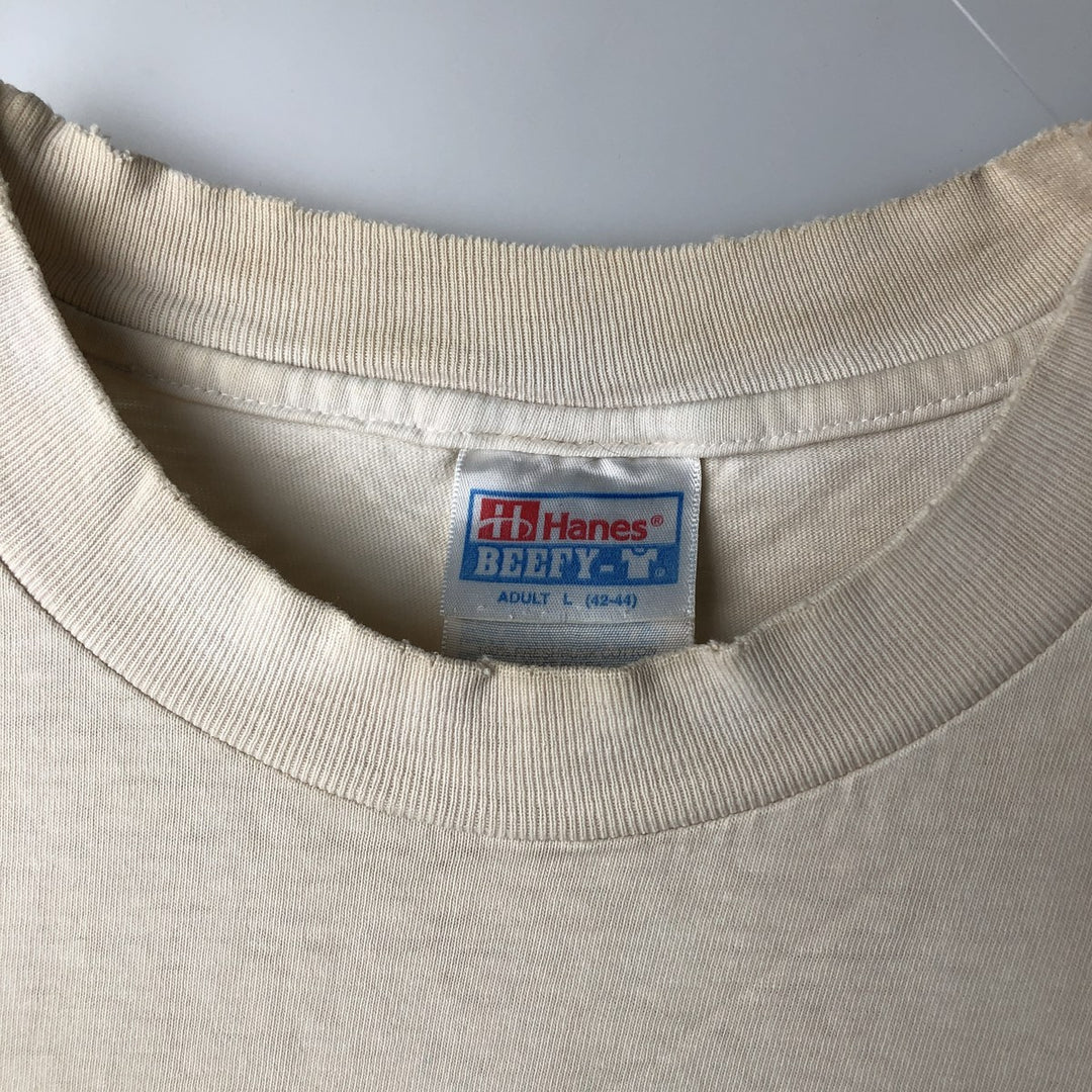 90'S Hanes BEEFY-T Printed T-shirt, Made in USA, Men's L size, Vintage cotton Beige type Vintage Second Hand