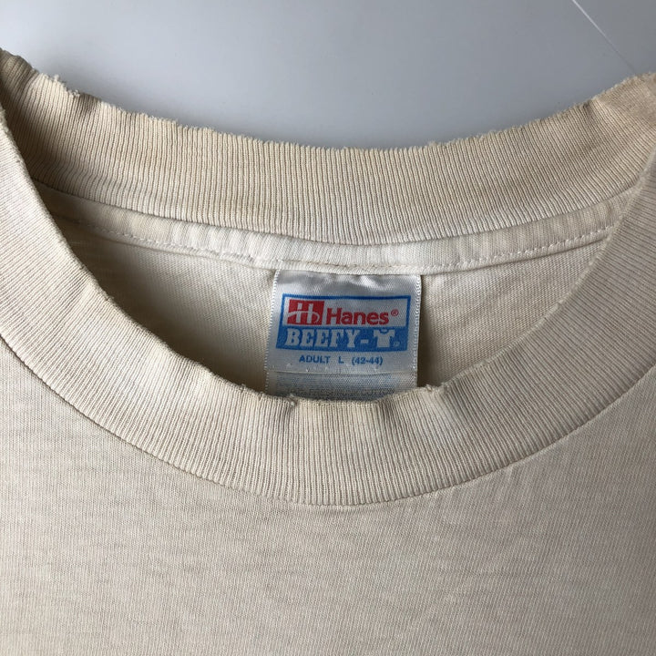 90'S Hanes BEEFY-T Printed T-shirt, Made in USA, Men's L size, Vintage cotton Beige type Vintage Second Hand