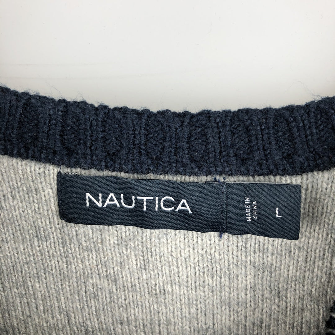 NAUTICA all-over print cotton knit sweater, men's size L cotton navy blue type Vintage Second Hand