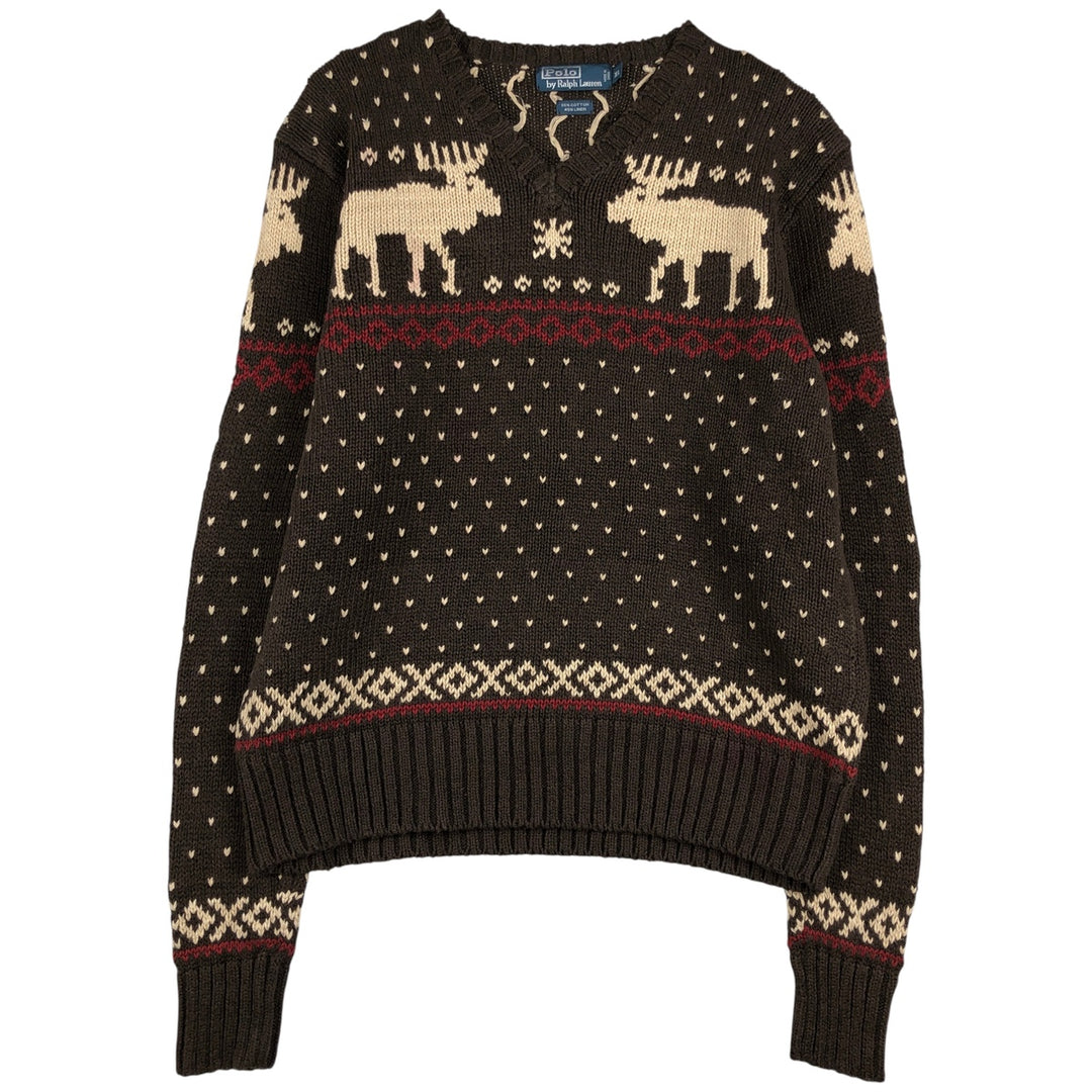 POLO by Ralph Lauren Nordic Pattern Snow Pattern V-neck cotton knit sweater, men's size XL cotton brown type Vintage Second Hand