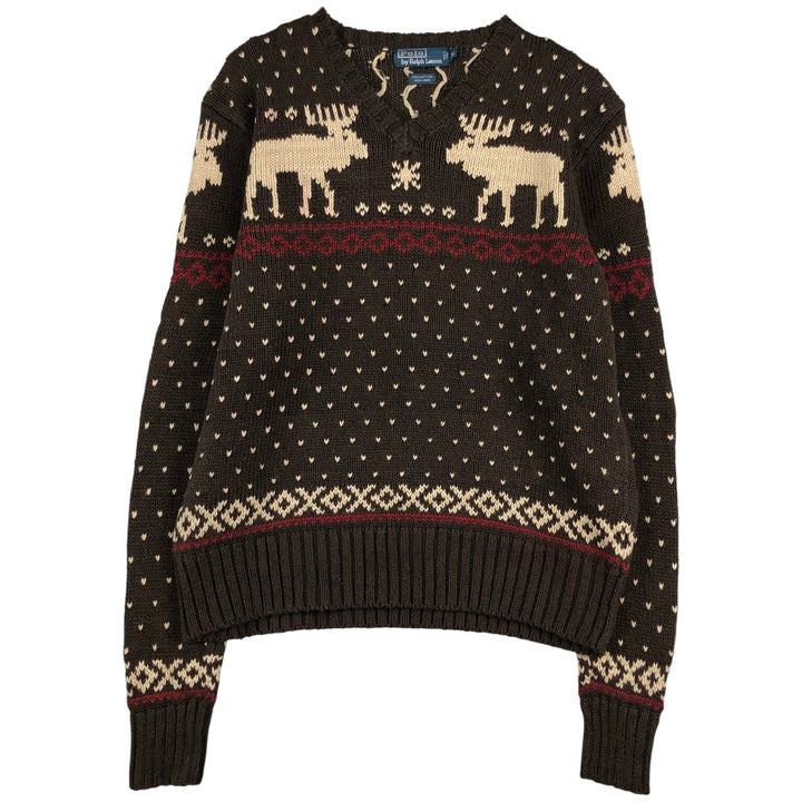 POLO by Ralph Lauren Nordic Pattern Snow Pattern V-neck cotton knit sweater, men's size XL cotton brown type Vintage Second Hand