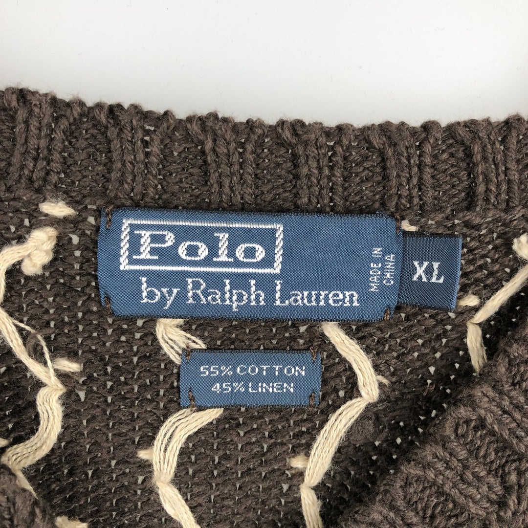 POLO by Ralph Lauren Nordic Pattern Snow Pattern V-neck cotton knit sweater, men's size XL cotton brown type Vintage Second Hand