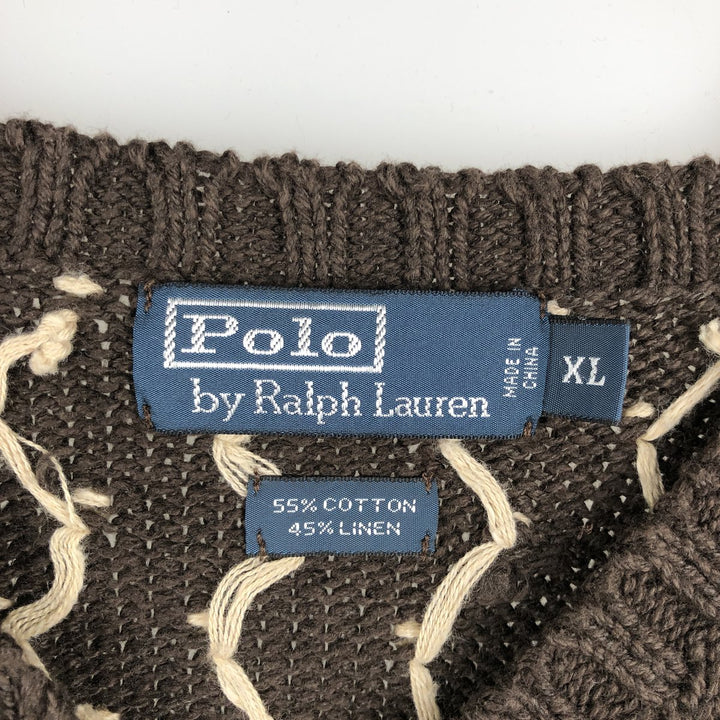 POLO by Ralph Lauren Nordic Pattern Snow Pattern V-neck cotton knit sweater, men's size XL cotton brown type Vintage Second Hand