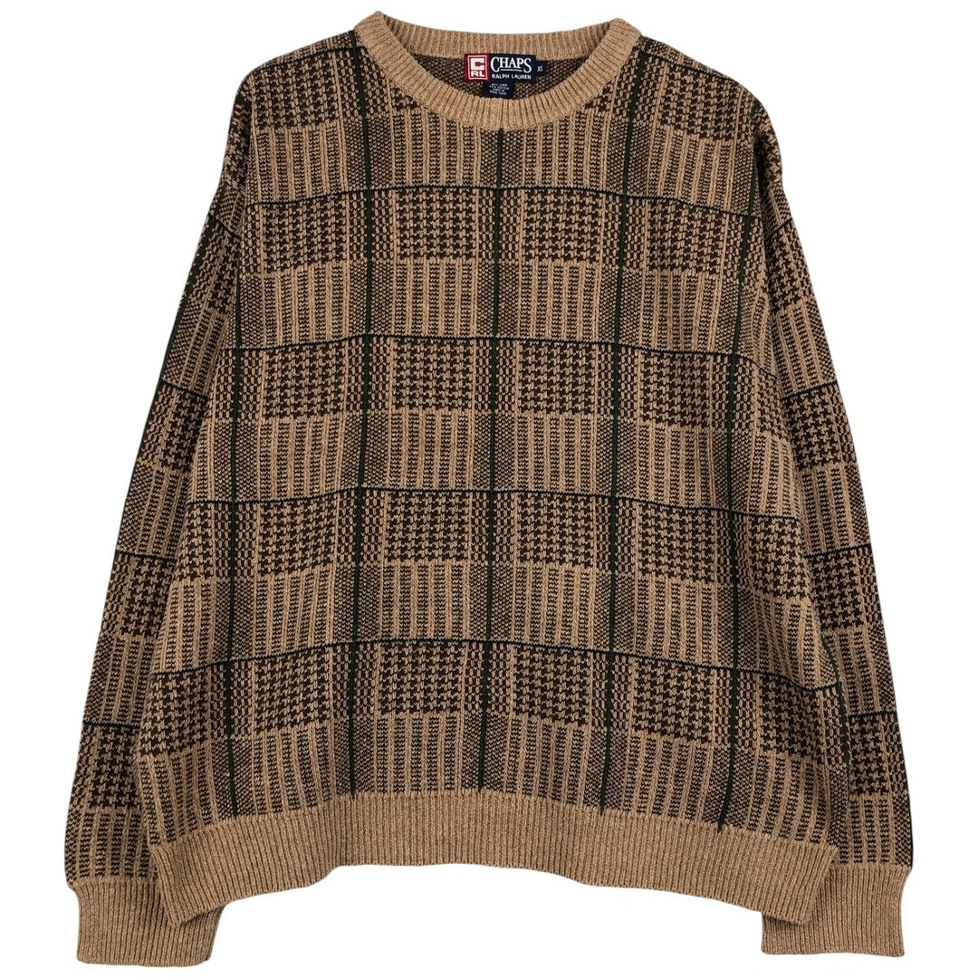 Ralph Lauren CHAPS Check Pattern Cotton and Linen Knit Sweater, Men's Size XL linen brown type Vintage Second Hand