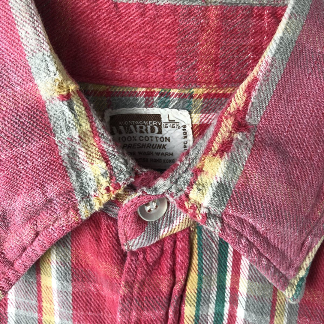 1970'S Montgomery Ward Vintage Lightflannel Check Shirt, Men's Size L cotton pink type Vintage Second Hand