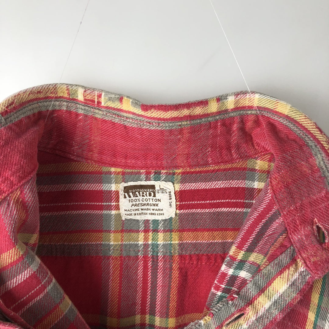 1970'S Montgomery Ward Vintage Lightflannel Check Shirt, Men's Size L cotton pink type Vintage Second Hand