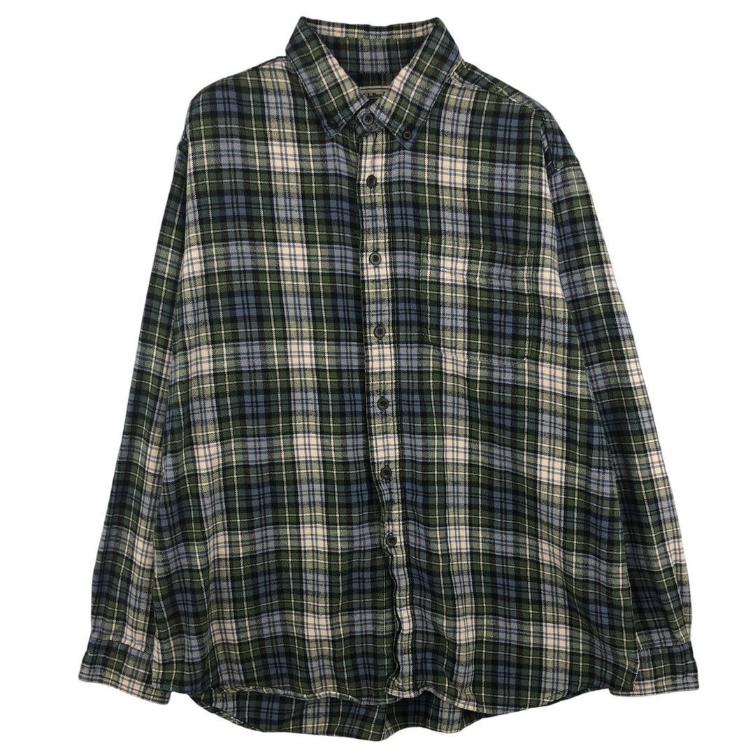 90s-00'S LLBean Long Sleeve Button-Down Flannel Check Shirt, Men's Size L cotton green type Vintage Second Hand