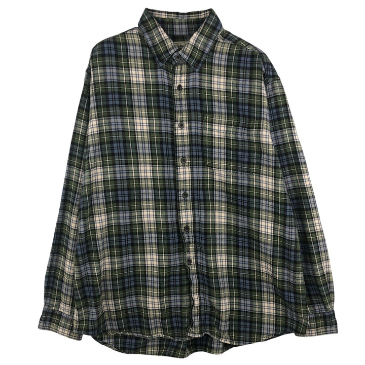 90s-00'S LLBean Long Sleeve Button-Down Flannel Check Shirt, Men's Size L cotton green type Vintage Second Hand