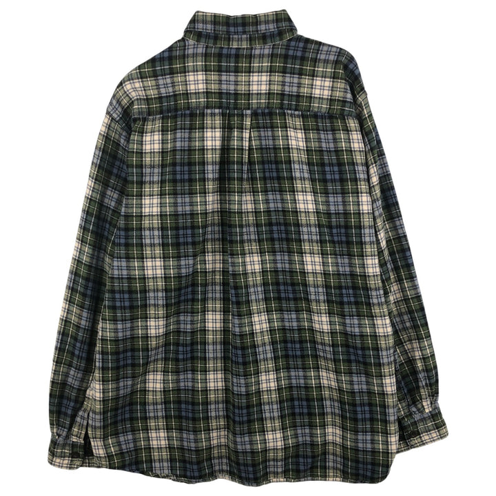 90s-00'S LLBean Long Sleeve Button-Down Flannel Check Shirt, Men's Size L cotton green type Vintage Second Hand