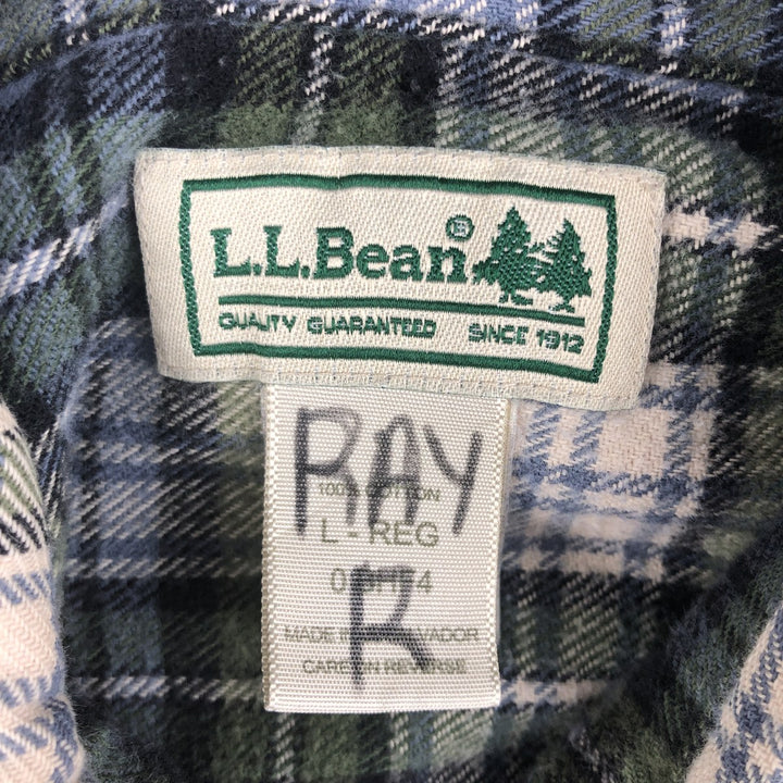 90s-00'S LLBean Long Sleeve Button-Down Flannel Check Shirt, Men's Size L cotton green type Vintage Second Hand