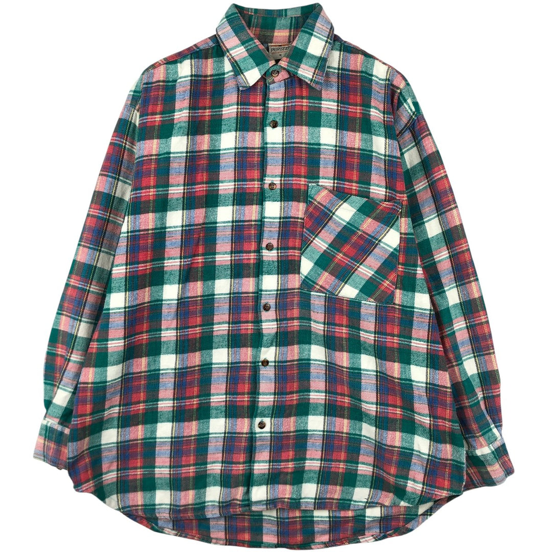 PERUZZI Long Sleeve Heavy Flannel Check Shirt, Men's Size Medium cotton green type Vintage Second Hand