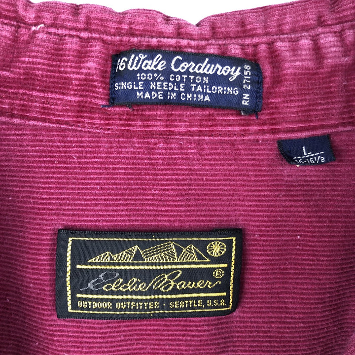 Vintage 80s-90'S Eddie Bauer long-sleeved button-down corduroy shirt with black tag, men's size L cotton burgundy type Vintage Second Hand
