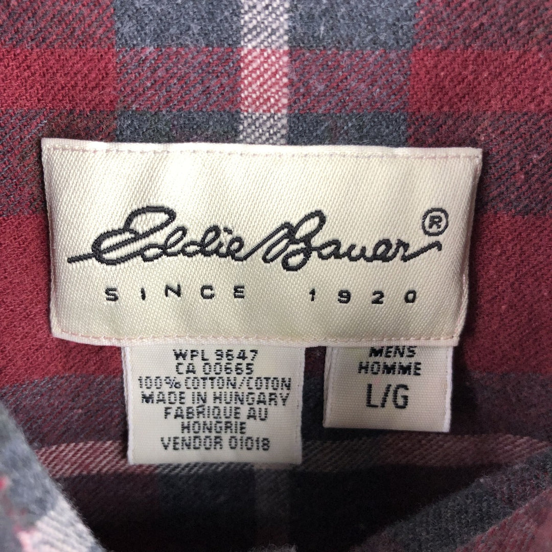 Vintage 90s-00'S Eddie Bauer long-sleeved button-down light flannel check shirt, men's size L cotton wine-red Vintage Second Hand