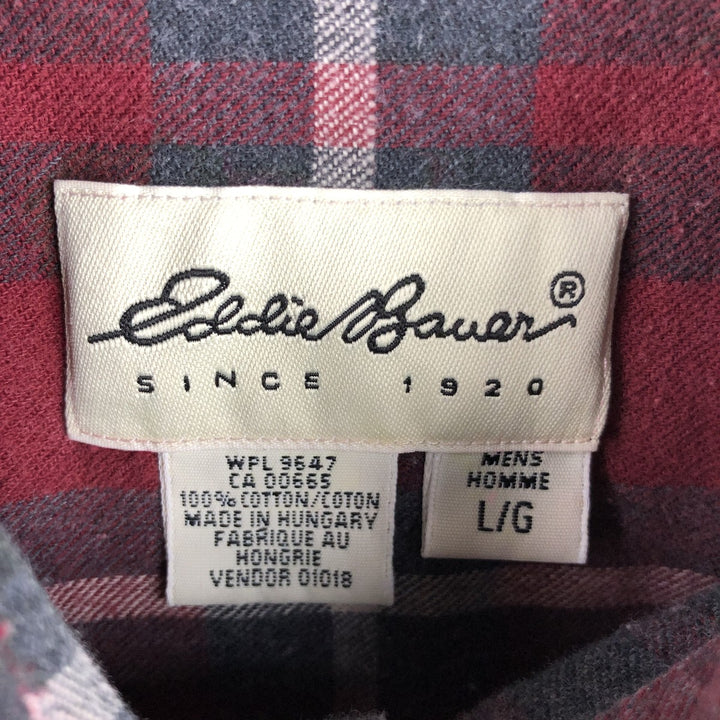 Vintage 90s-00'S Eddie Bauer long-sleeved button-down light flannel check shirt, men's size L cotton wine-red Vintage Second Hand