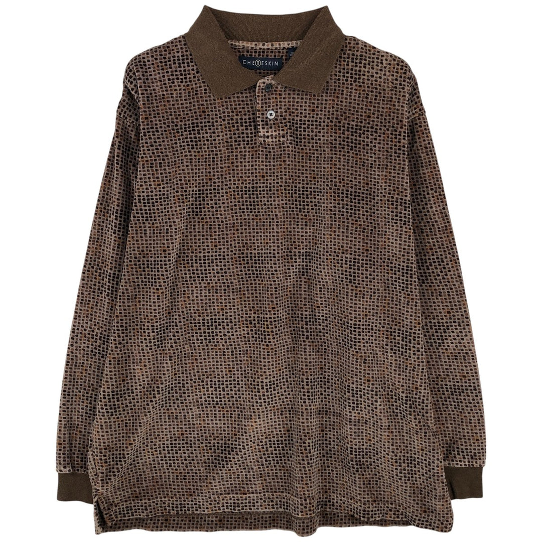 CHERESKIN All-Over Print Tile Long Sleeve Polo Shirt, Men's Size Medium cotton beige type brown Vintage Second Hand