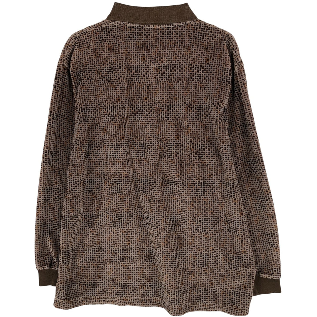 CHERESKIN All-Over Print Tile Long Sleeve Polo Shirt, Men's Size Medium cotton beige type brown Vintage Second Hand