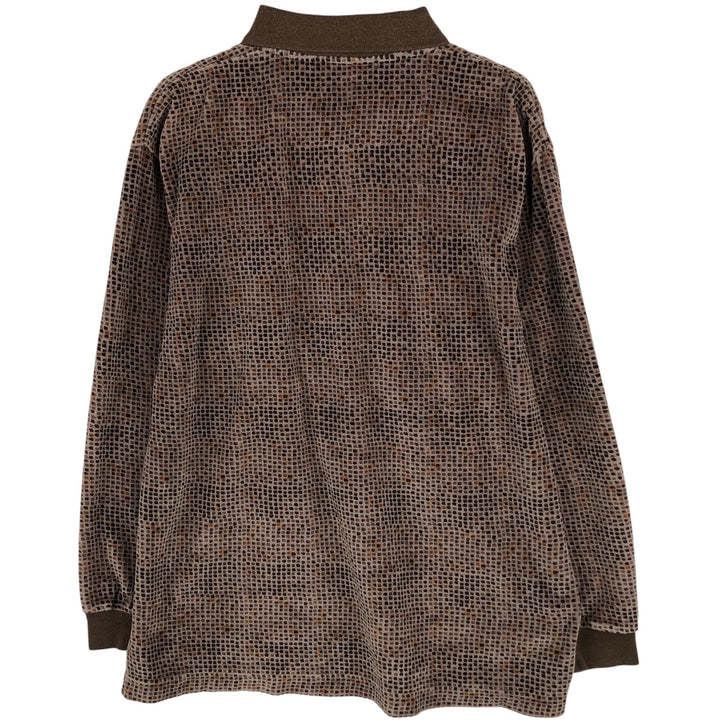 CHERESKIN All-Over Print Tile Long Sleeve Polo Shirt, Men's Size Medium cotton beige type brown Vintage Second Hand