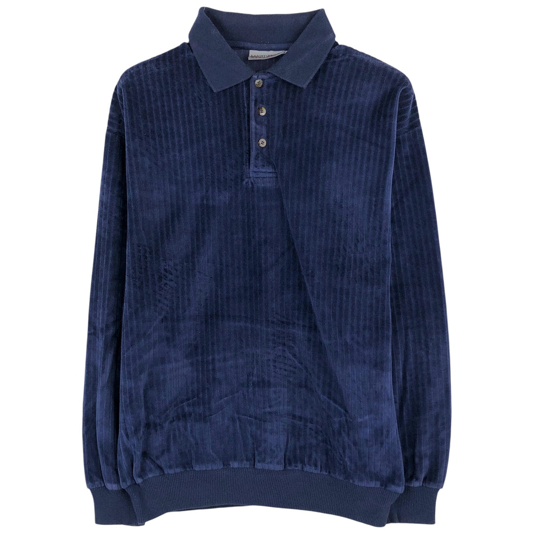KNIGHTS BRIDGE Velour Long Sleeve Polo Shirt, Made in USA, Men's Size Medium cotton navy blue type Vintage Second Hand