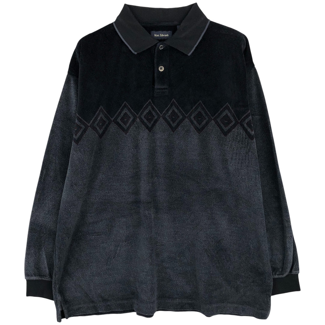 Marc Edwards All-Over Print Tile Long Sleeve Polo Shirt, Men's Size L cotton black type Vintage Second Hand