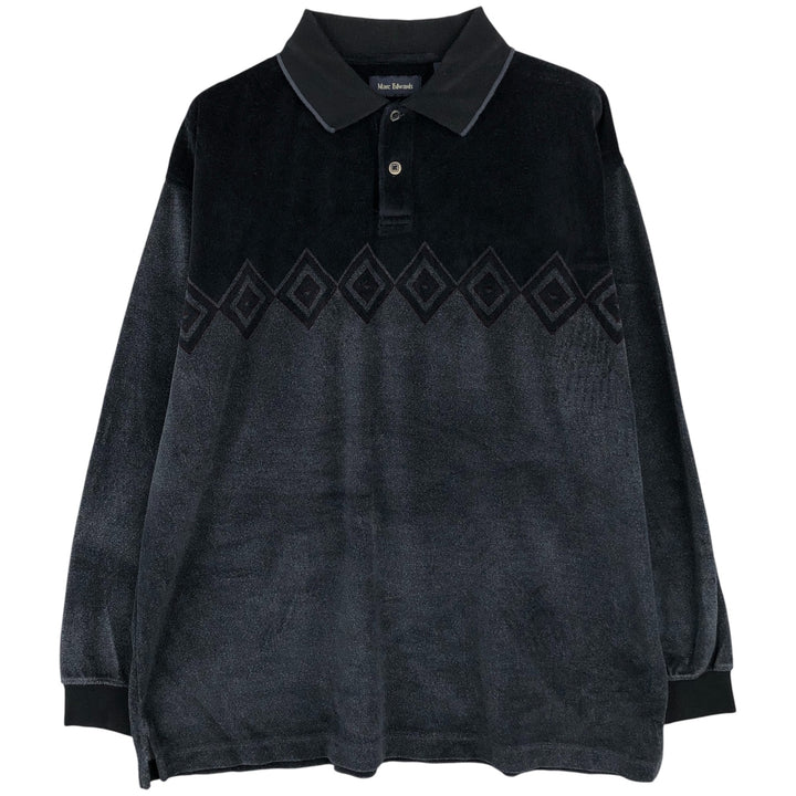 Marc Edwards All-Over Print Tile Long Sleeve Polo Shirt, Men's Size L cotton black type Vintage Second Hand