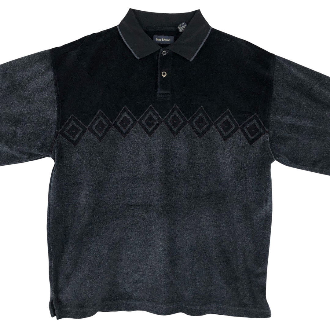 Marc Edwards All-Over Print Tile Long Sleeve Polo Shirt, Men's Size L cotton black type Vintage Second Hand
