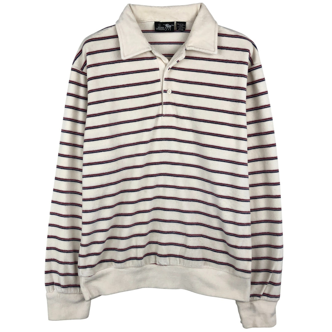 Silver Unicorn terry long-sleeved striped polo shirt, men's size L cotton white type Vintage Second Hand