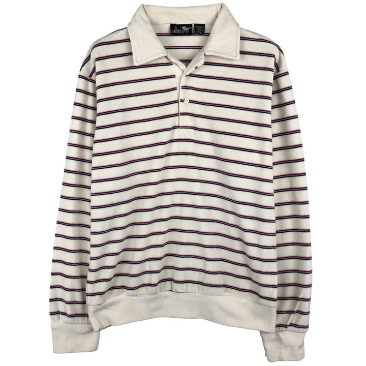 Silver Unicorn terry long-sleeved striped polo shirt, men's size L cotton white type Vintage Second Hand