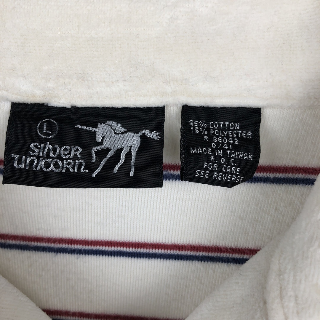 Silver Unicorn terry long-sleeved striped polo shirt, men's size L cotton white type Vintage Second Hand