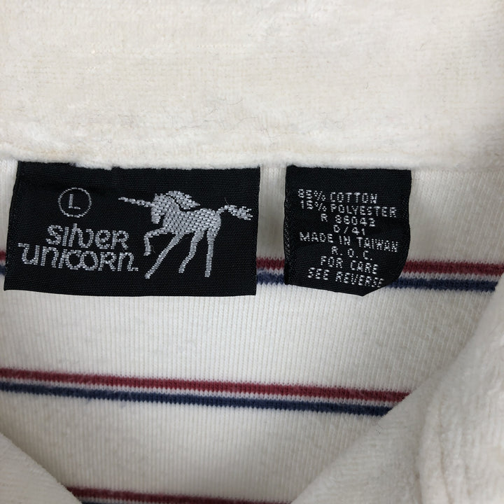Silver Unicorn terry long-sleeved striped polo shirt, men's size L cotton white type Vintage Second Hand