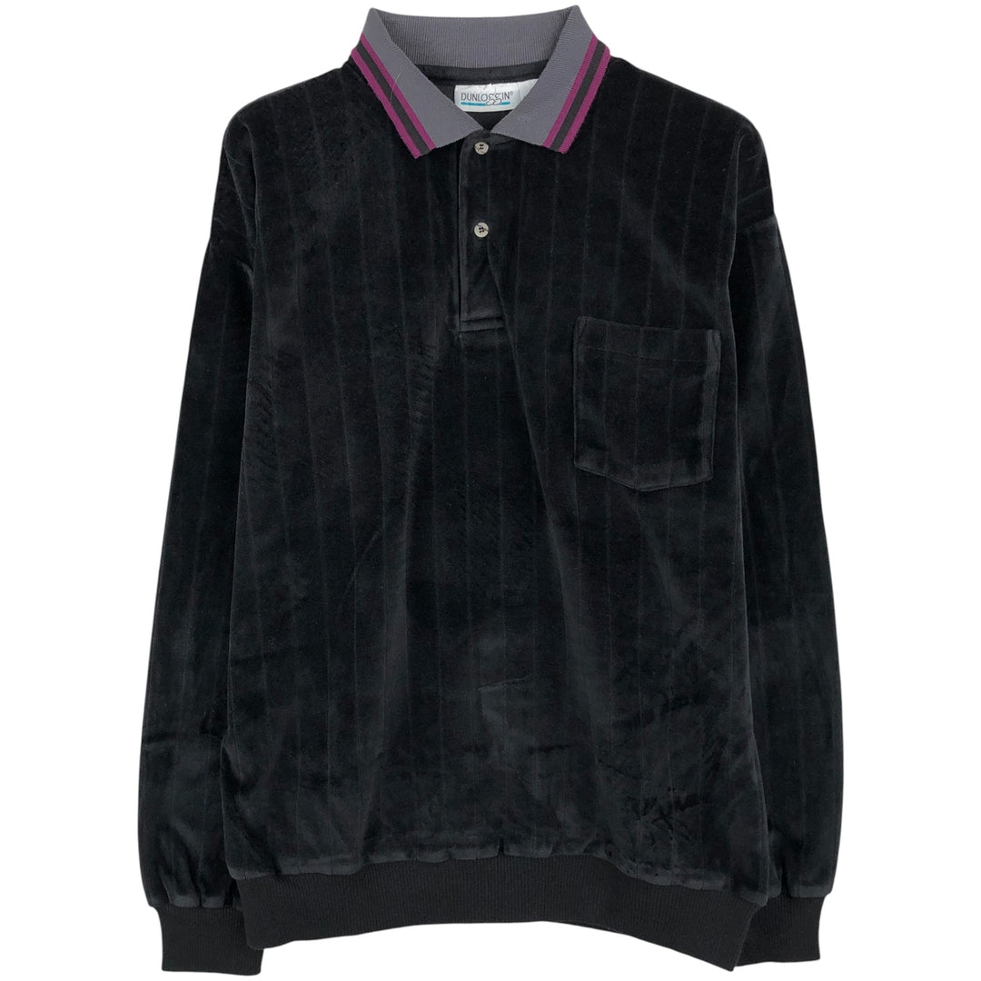 DUNLOggIN Solid Velour Long Sleeve Polo Shirt, Made in USA, Men's Size L cotton black type Vintage Second Hand
