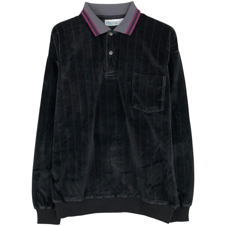 DUNLOggIN Solid Velour Long Sleeve Polo Shirt, Made in USA, Men's Size L cotton black type Vintage Second Hand
