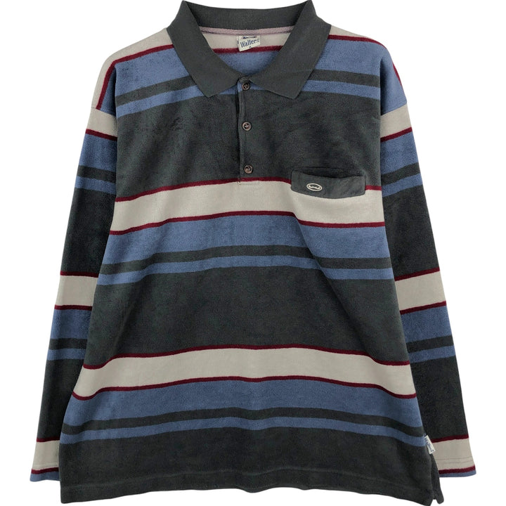 KNIGHTS BRIDGE terry cloth long sleeve striped polo shirt, men's size XL polyester Charcoal Vintage Second Hand