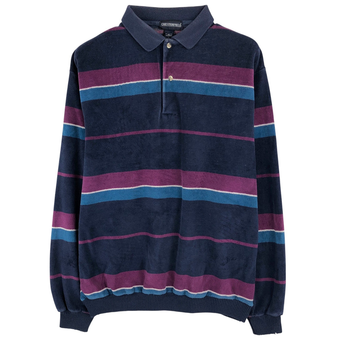 CHESTERFIELD terry cloth long sleeve striped polo shirt, made in the USA, men's size L cotton navy blue type Vintage Second Hand