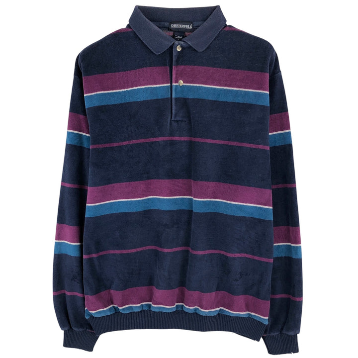 CHESTERFIELD terry cloth long sleeve striped polo shirt, made in the USA, men's size L cotton navy blue type Vintage Second Hand