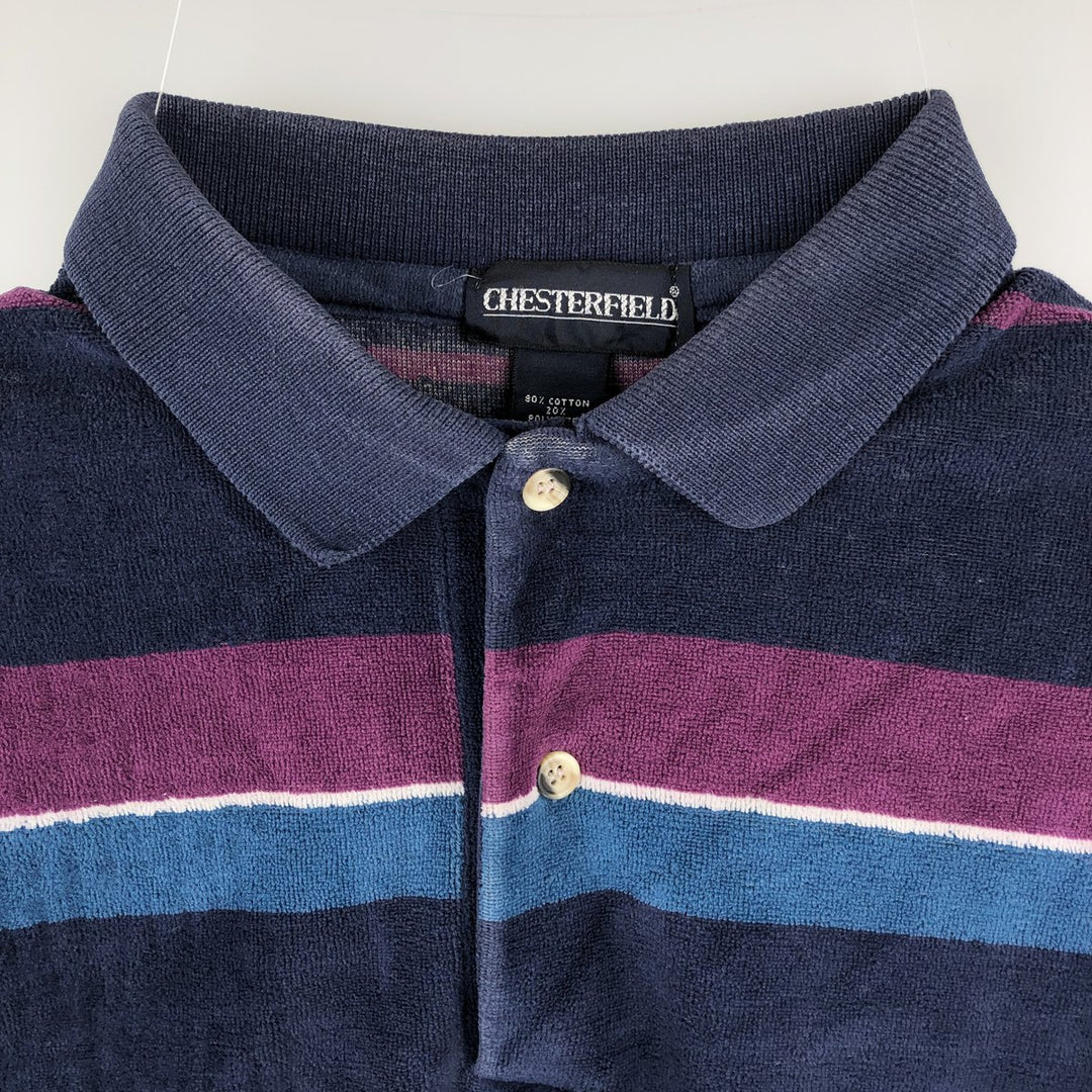 CHESTERFIELD terry cloth long sleeve striped polo shirt, made in the USA, men's size L cotton navy blue type Vintage Second Hand