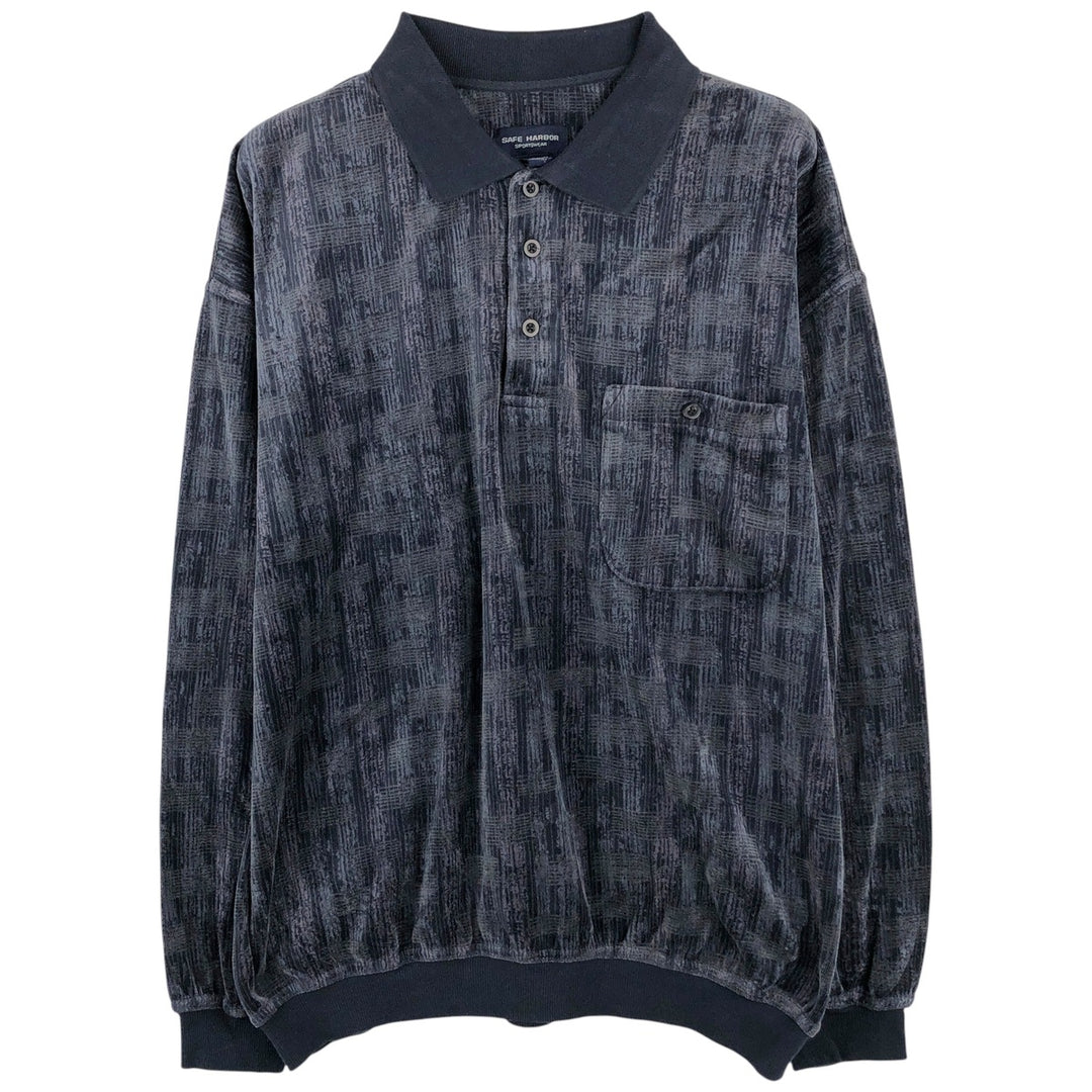 KNIGHTS BRIDGE All-Over Print Velvet Long Sleeve Polo Shirt, Men's Size XL cotton Charcoal Vintage Second Hand