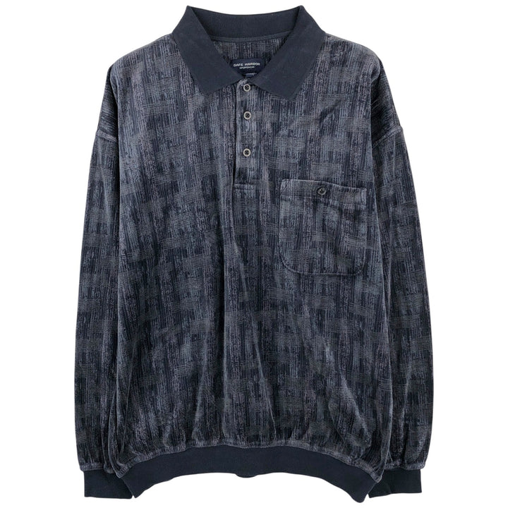 KNIGHTS BRIDGE All-Over Print Velvet Long Sleeve Polo Shirt, Men's Size XL cotton Charcoal Vintage Second Hand