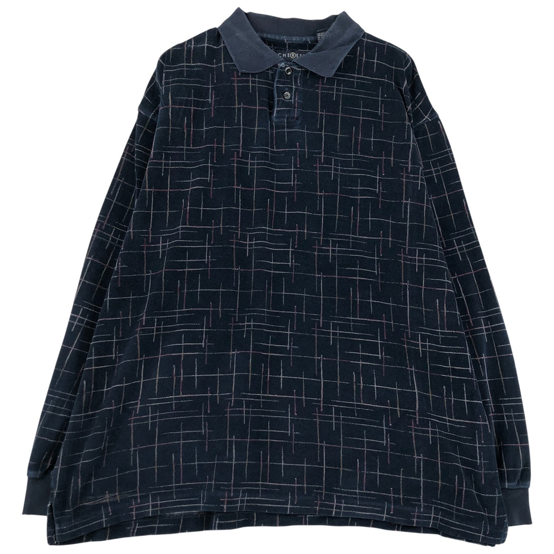 CHERESKIN all-over print pile long-sleeved polo shirt, men's size L cotton navy blue type Vintage Second Hand