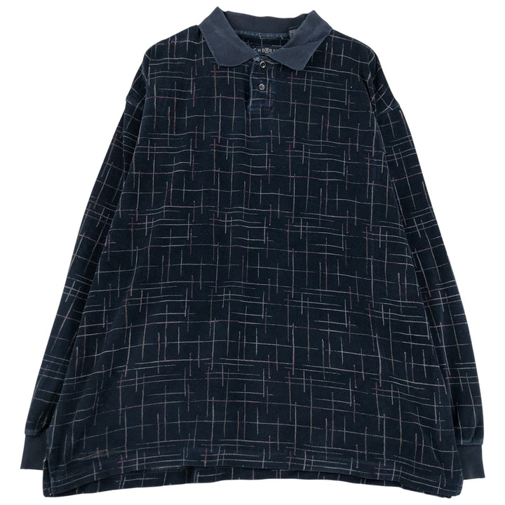 CHERESKIN all-over print pile long-sleeved polo shirt, men's size L cotton navy blue type Vintage Second Hand