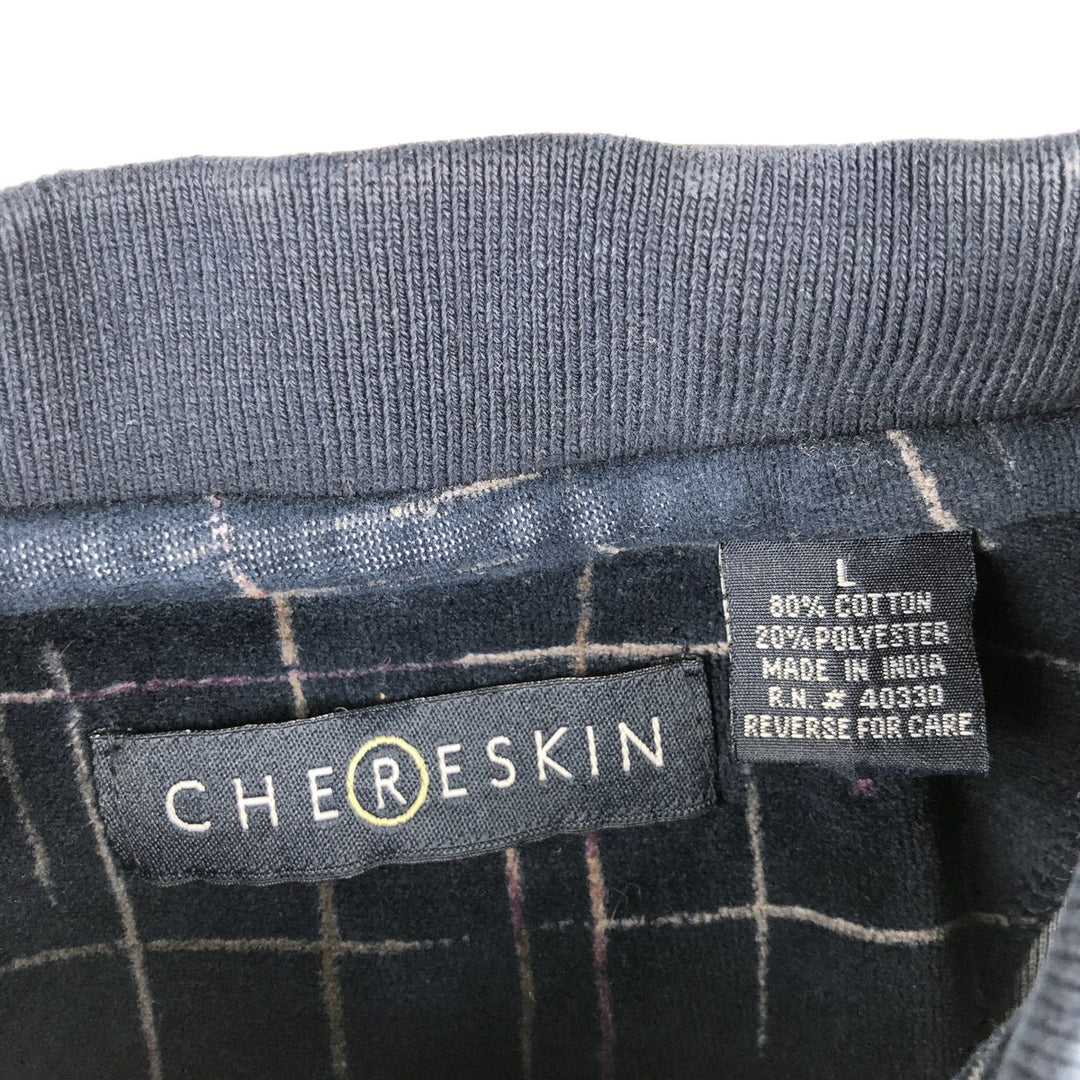 CHERESKIN all-over print pile long-sleeved polo shirt, men's size L cotton navy blue type Vintage Second Hand