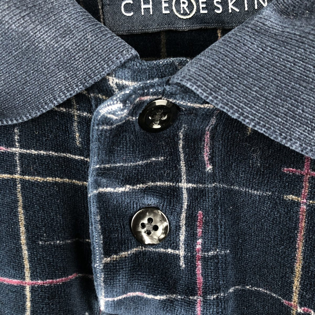 CHERESKIN all-over print pile long-sleeved polo shirt, men's size L cotton navy blue type Vintage Second Hand
