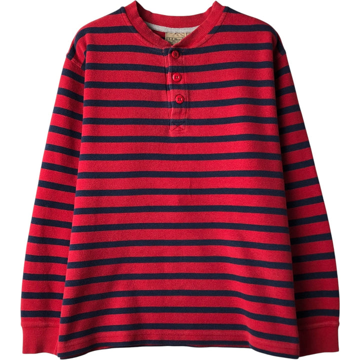 90s-00'S LLBean Striped Pattern Henley Neck Thermal Long T-Shirt, Men's Size Medium cotton red type Vintage Second Hand