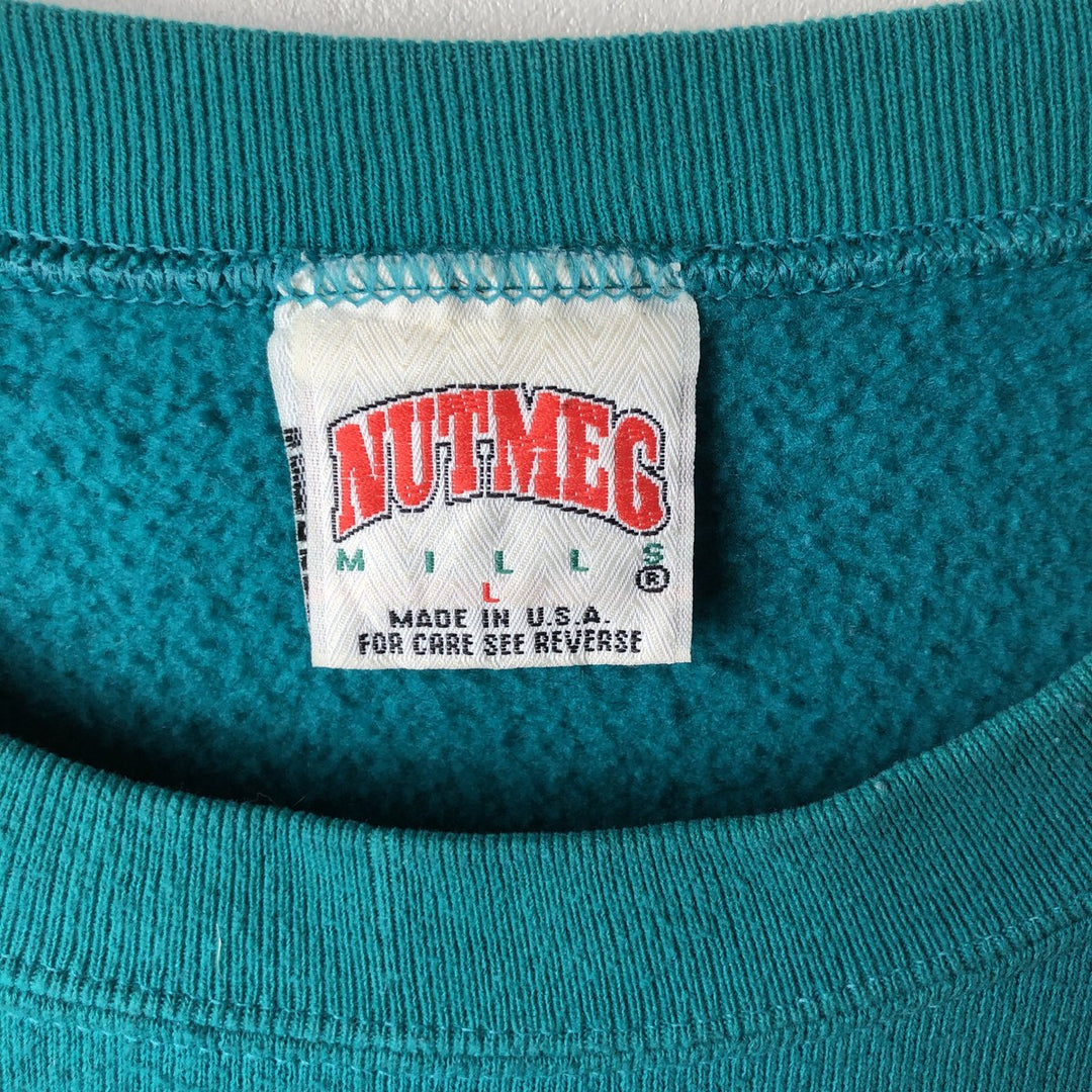 Vintage 90'S NUTMEG MILLS printed sweatshirt, made in the USA, size L, men's polyester Emerald green Vintage Second Hand