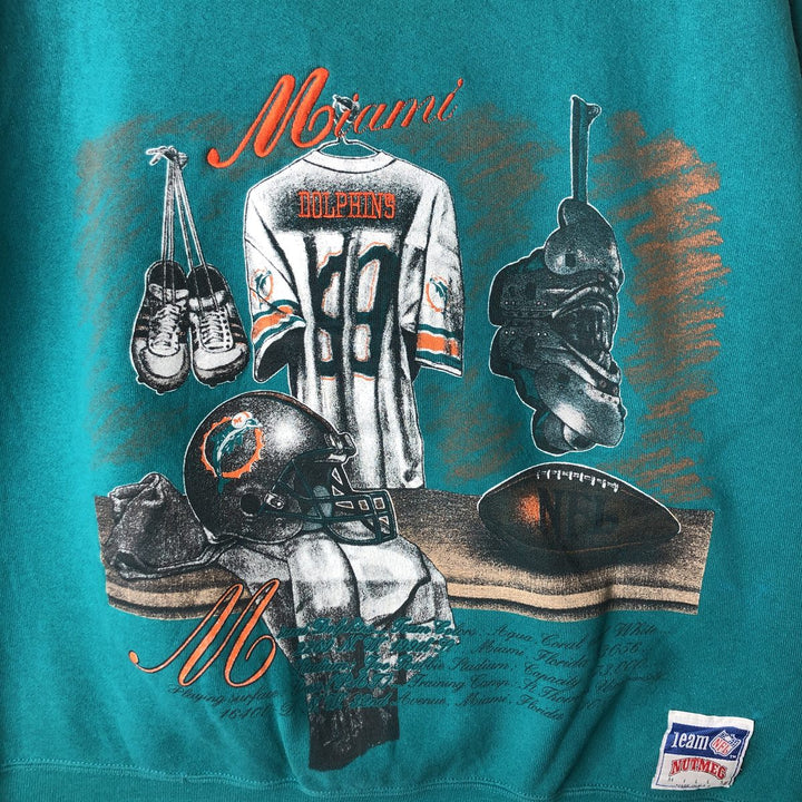 Vintage 90'S NUTMEG MILLS printed sweatshirt, made in the USA, size L, men's polyester Emerald green Vintage Second Hand